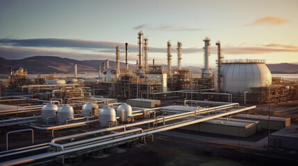 Obraz premium Industrial Hub, Aerial View of Oil Refinery - Complex Infrastructure Amidst Industrial Operations.