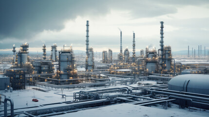 Industrial Hub, Aerial View of Oil Refinery - Complex Infrastructure Amidst Industrial Operations.