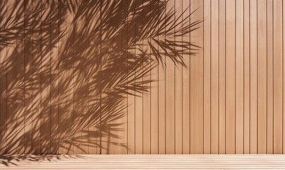 Soft and beautiful foliage dappled sunlight of tropical bamboo tree leaf shadow on brown wooden panel wall with wood grain for luxury product display, Generative AI