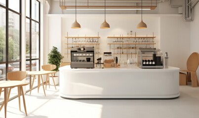 Small modern Korean style design cafe, glossy ivory white round corner counter, cake display, professional espresso machine, bar table, stool by window for interior design decoration, Generative AI