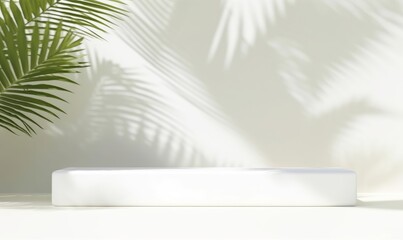Blank minimal white counter podium, soft beautiful dappled sunlight, tropical palm foliage leaf shadow on wall for luxury hygiene organic cosmetic, skincare, beauty treatment product, Generative AI