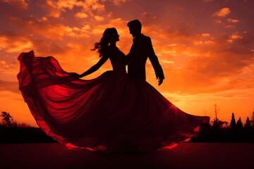 Sunset Silhouette: Bride and Groom Silhouetted Against a Beautiful Sunset. Romantic Sunset: Silhouette of Bride and Groom Against the Setting Sun. Love in the Sunset: Bride and Groom Silhouettes. 