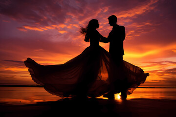 Sunset Silhouette: Bride and Groom Silhouetted Against a Beautiful Sunset. Romantic Sunset: Silhouette of Bride and Groom Against the Setting Sun. Love in the Sunset: Bride and Groom Silhouettes. 