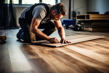 Professional builder lays laminate flooring at home - obrazy, fototapety, plakaty