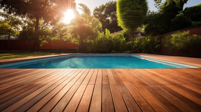 Swimming pool in the garden with wooden floor
