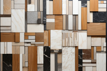 Assorted Collection of Marble and Granite Tiles with Wooden Accents