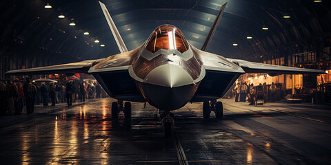 F-22 Raptor parked inside a military hangar generative ai - obrazy, fototapety, plakaty