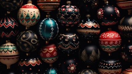 Background of Christmas balls in red, blue, with drawings. Luxurious, beautiful jewelry. Festive atmosphere.