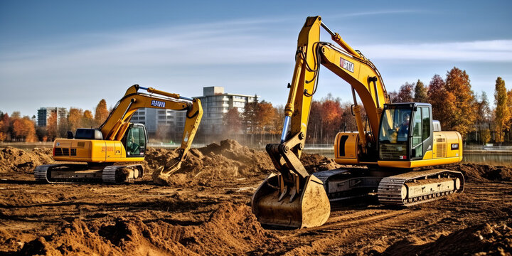 Group of excavator working on a construction site generative ai