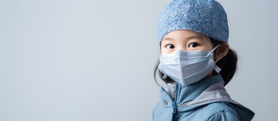 Asian child with mask and arm bandage after COVID-19 vaccination on white background, symbolizing immunization.