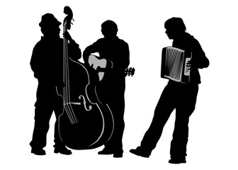 Man plays jazz instruments. Isolated silhouette on white background