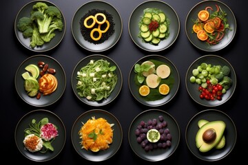 Various dishes on plates on a black table. Top view.
