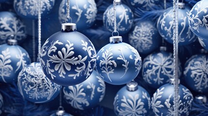 The background of Christmas balls is blue. Luxurious, beautiful jewelry. Festive atmosphere.