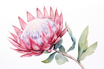 Protea flower painted in watercolor on white background.