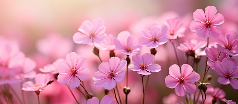Color macro photo captures the beauty of tiny pink flowers in a sunny garden.