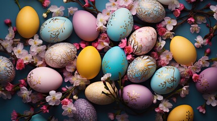 Fototapeta na wymiar Colorful easter eggs on spring background. Generative AI