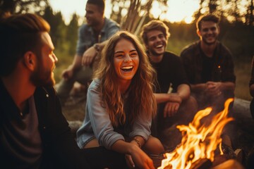 a group of cheerful young students friend sitting around a camp fire camping in the forest, having fun outdoors - Powered by Adobe