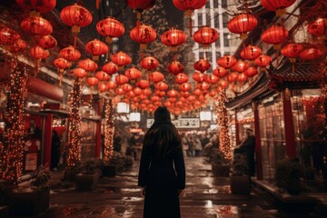 Obraz premium Celebration of chinese New Year: a silhouette of a woman standing view of the long street decorated with red magic lanterns, nagasaki lantern festival