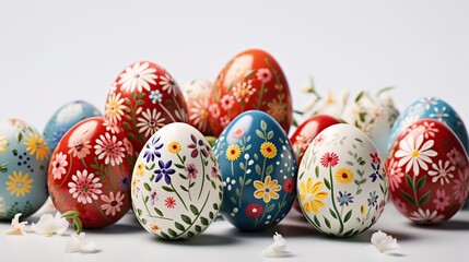Fototapeta premium Colorful easter eggs with pattern,spring flowers, Generative AI