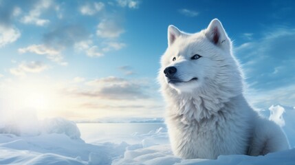 Arctic Charm: With an Arctic landscape in the background, the white Husky appears right at home. 