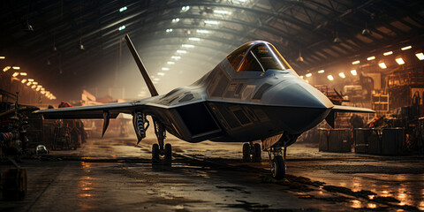 F-22 Raptor parked inside a military hangar - obrazy, fototapety, plakaty