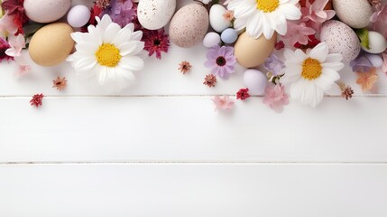 Naklejka na ściany i meble Easter Eggs with Flowers on White Wooden Background, Generative AI