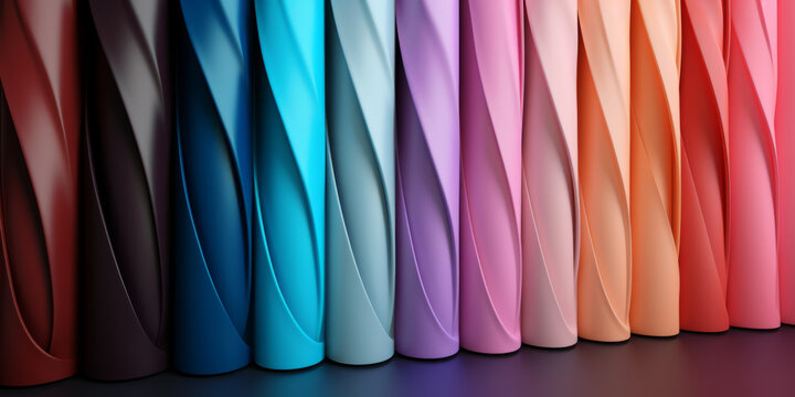 rolls of colored wallpaper with images of different colors 3d rendering