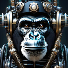 This portrait of a chimpanzee is a robot steampunk, biomechanical machine. The portrait is of a Chimpanzee that is wearing a steampunk, biomechanical machine on its back. The machine is a robot that i - obrazy, fototapety, plakaty
