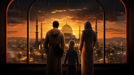 back view a family standing behind a window overlooking a mosque - obrazy, fototapety, plakaty