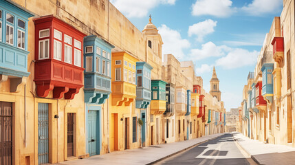 Valletta Maltese traditional colorful houses with balconies narrow city streets at sunny day....