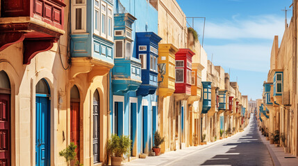 Valletta Maltese traditional colorful houses with balconies narrow city streets at sunny day. Travel concept - obrazy, fototapety, plakaty