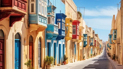 Poster Im Rahmen Valletta Maltese traditional colorful houses with balconies narrow city streets at sunny day. Travel concept © mikhailberkut