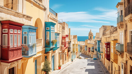 Valletta Maltese traditional colorful houses with balconies narrow city streets at sunny day. Travel concept - obrazy, fototapety, plakaty