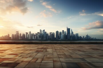 Obraz premium Empty brick floor with city skyline background, Generative AI
