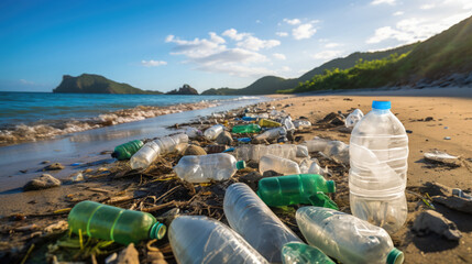 Plastic bottles littering a beach creating an ecological disaster on earth - obrazy, fototapety, plakaty