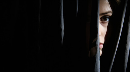Shy woman peaking out through dark drapes with only half her face visible. - obrazy, fototapety, plakaty