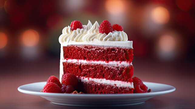 slice of a red velvet cake on a plate with strawberry on black background