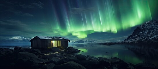 Glowing shelter and aurora borealis
