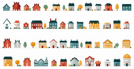 Abstract house big set. Flat colored city buildings, house exterior neighborhood icons. isolated illustration, Generative AI - obrazy, fototapety, plakaty