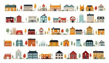 Abstract house big set. Flat colored city buildings, house exterior neighborhood icons. isolated illustration, Generative AI
