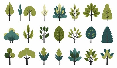 Simple trees bushes. Cartoon forest plants with foliage, minimal flat shrub botanical garden nature elements. Generative AI - obrazy, fototapety, plakaty