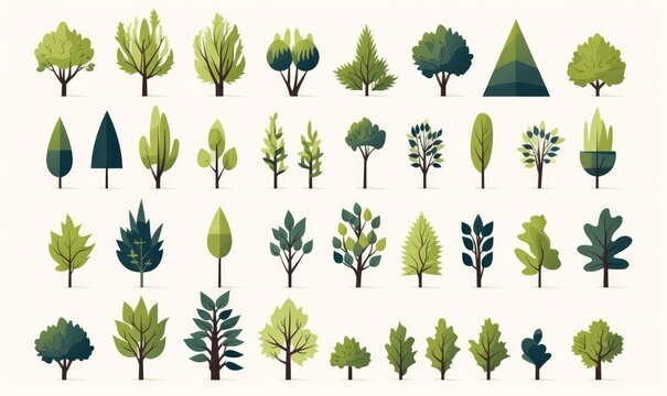 Simple trees bushes. Cartoon forest plants with foliage, minimal flat shrub botanical garden nature elements. Generative AI