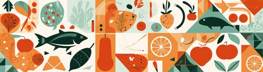 Geometric mosaic food banner. Natural fruit vegetable seafood pattern simple restaurant menu design. background, Generative AI