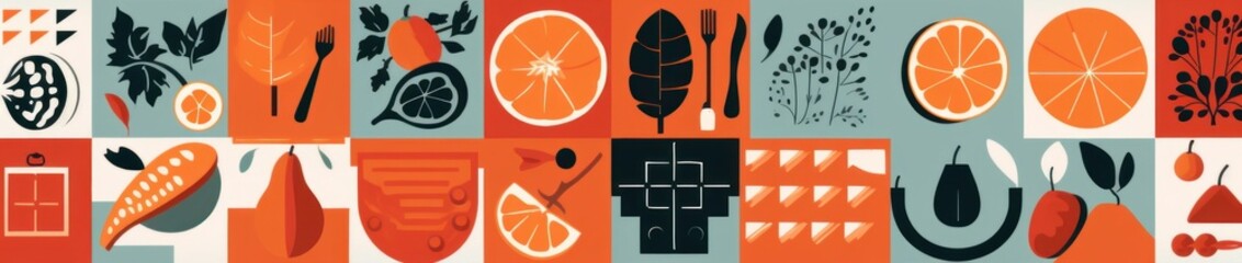 Geometric mosaic food banner. Natural fruit vegetable seafood pattern simple restaurant menu design. background, Generative AI - obrazy, fototapety, plakaty