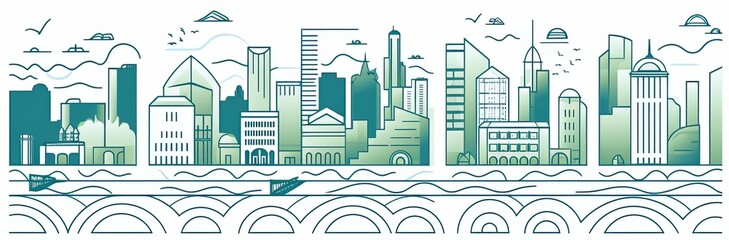 Geometric line cityscape banner. Simple urban landscape, town building park sea recreation zone. package design, Generative AI