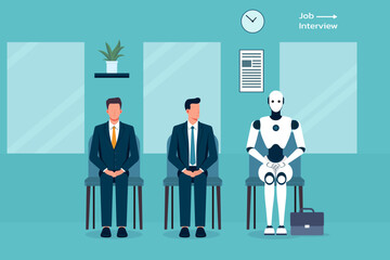 Businessmans and AI robot waiting for a job interview. concep of Humans and artificial intelligence work together to create a better future. flat vector illustation.