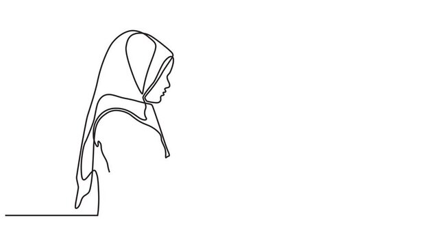 Continuous line animation video of a woman raising her hands in prayer. Ramadan Mubarak greeting card, Ramadan Kareem, Eid al-Fitr holiday. Single line animated video of a Muslim woman praying. 4k 