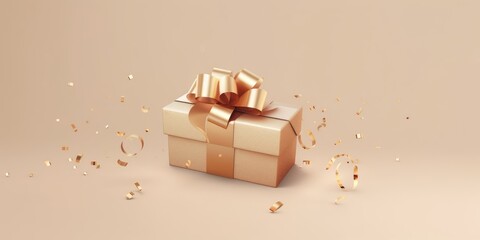 3D gift box, gold ribbon bow on beige pastel background. Present mockup for cosmetic product. Realistic gift with confetti. Copy space banner Birthday, valentine or Christmas 3d, Generative AI