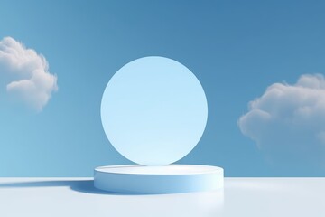 3D display podium, pastel blue background. White cloud levitating. Sky concpet. Nature Beauty, cosmetic product presentation pedestal with mirror. 3d render mockup with light, Generative AI
