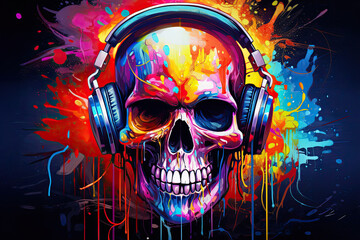 skull with headphones, colorful splashes. colorful art wallpaper skull with headphones